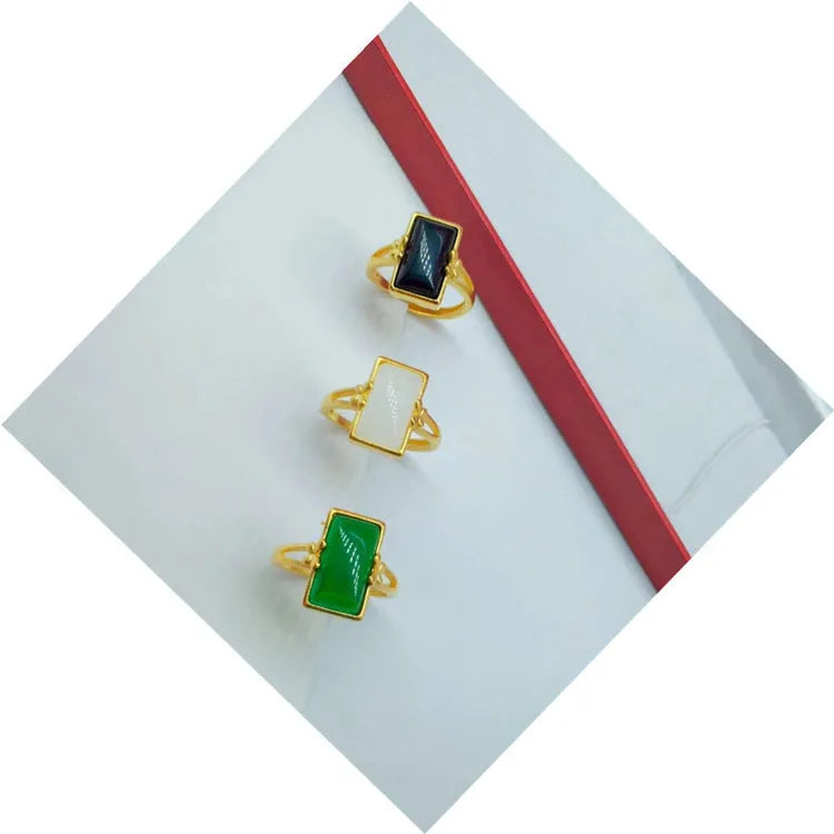Adjustable brass gold-plated ring with long gemstone inlay in national style design