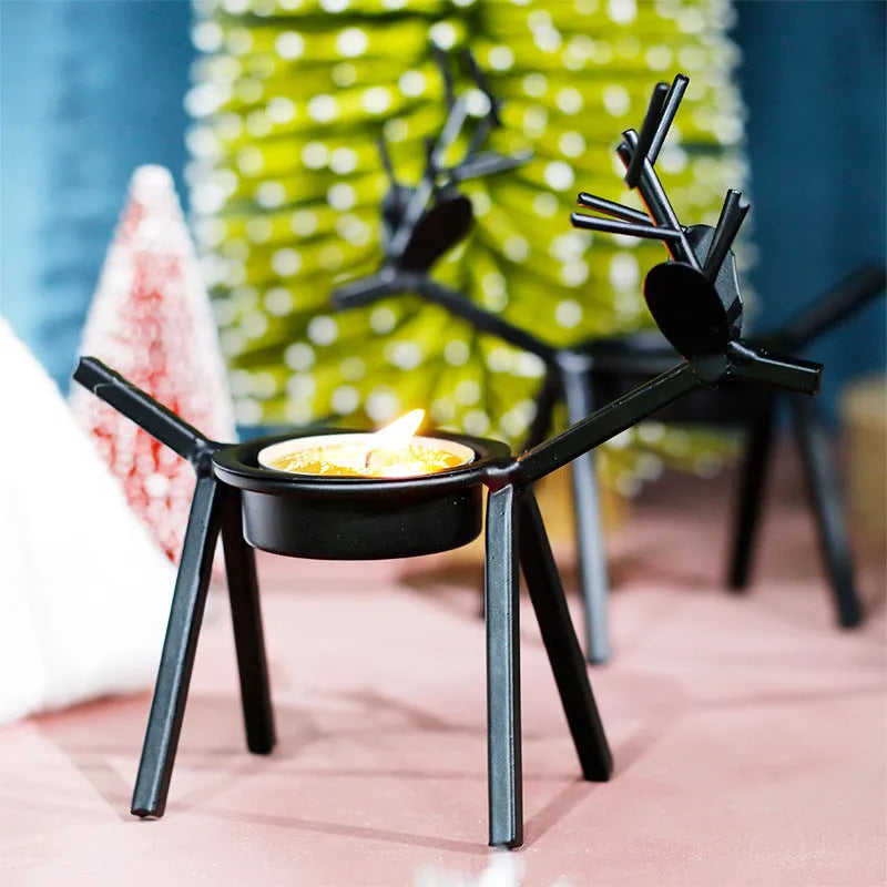 Black iron deer Christmas candlestick holder with elk bracket design and fabric accents