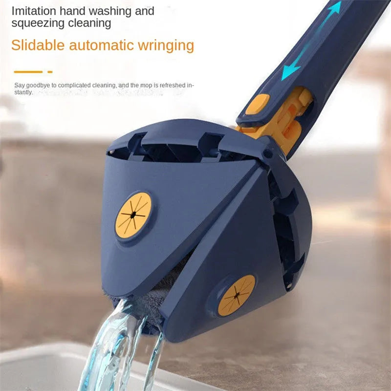 Extendable triangle cleaning mop with rotating head and stainless steel pole in blue colour