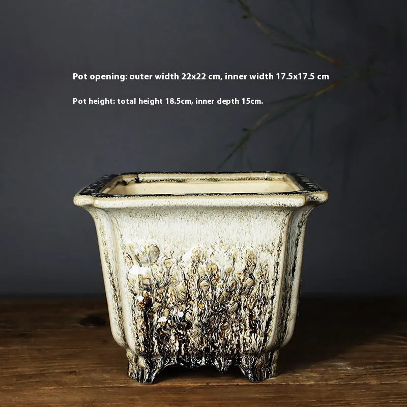 Square ceramic stoneware flower pot with decal pattern 22cm caliber green glaze change finish
