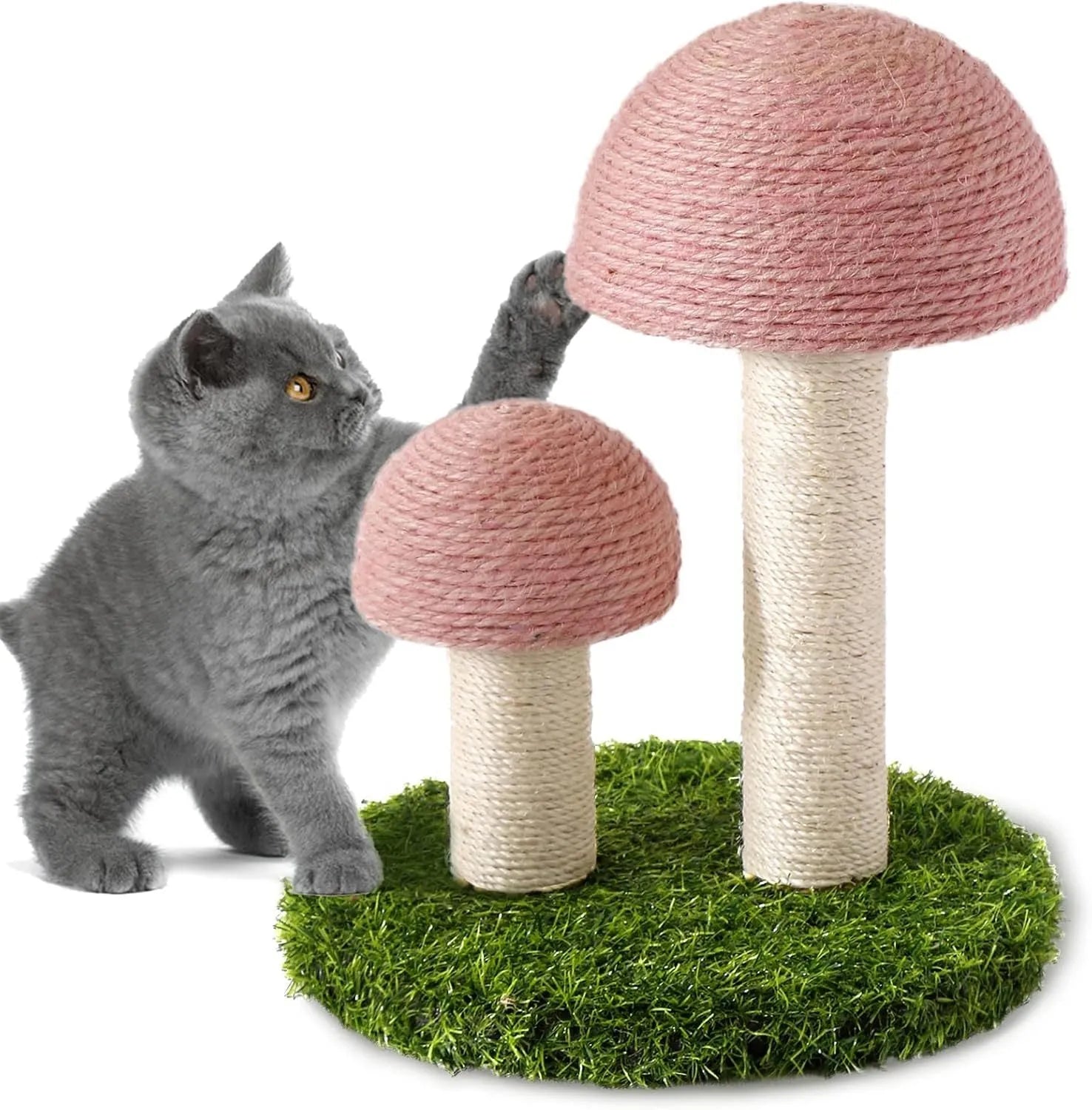 Pink mushroom-shaped cat scratching post with natural sisal caps for kittens and small cats