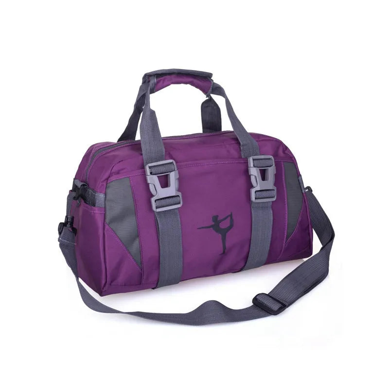 Nylon gym and yoga bag shown in black, available in medium and large sizes.