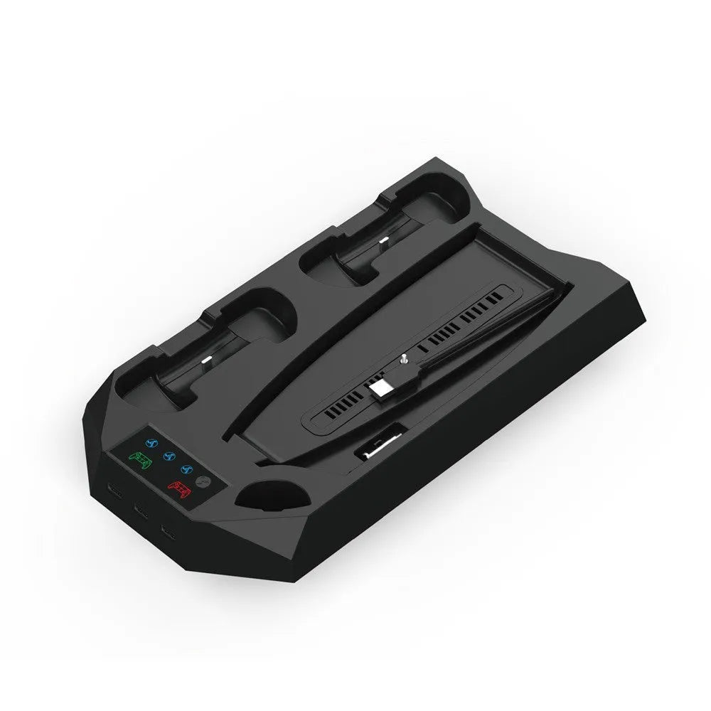Black and white PS5 charging station with controller dock and headset hook