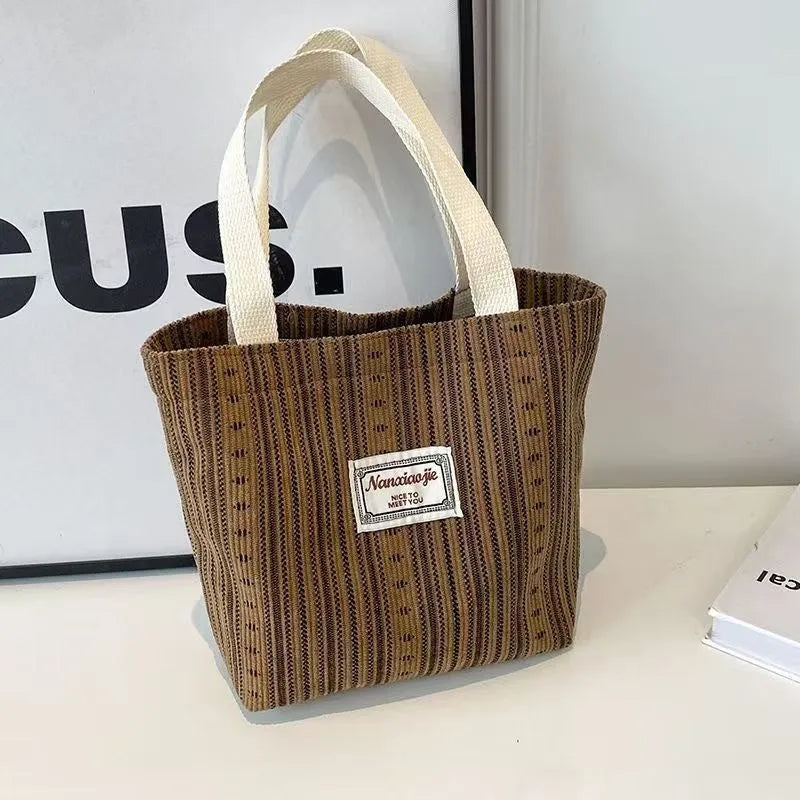 Japanese style large corduroy handbag in dark brown, shown with grey and ivory white colour options.