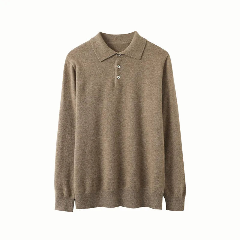 Men's sapphire blue cashmere pullover sweater with a polo collar in a loose fit.