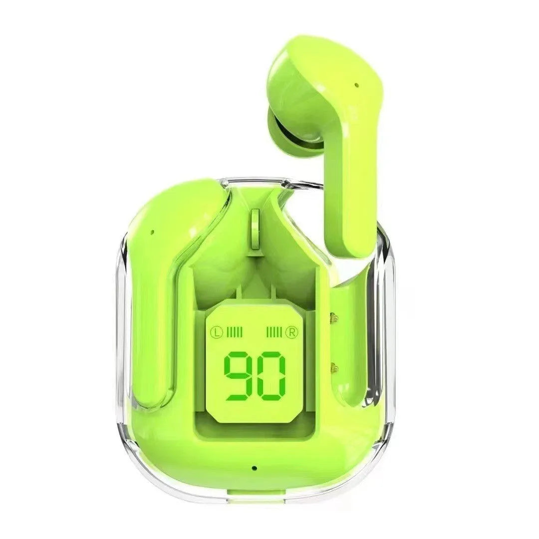 Jerry chip true wireless Bluetooth headphones in a transparent space capsule case, colour options shown