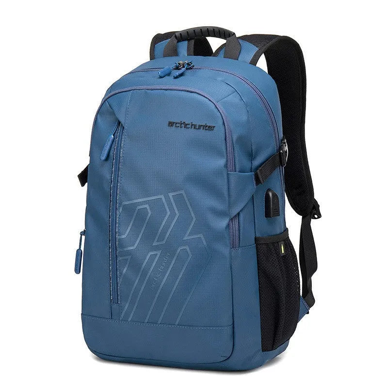 18-inch polyester plaid computer backpack with curved shoulder straps in blue colour option