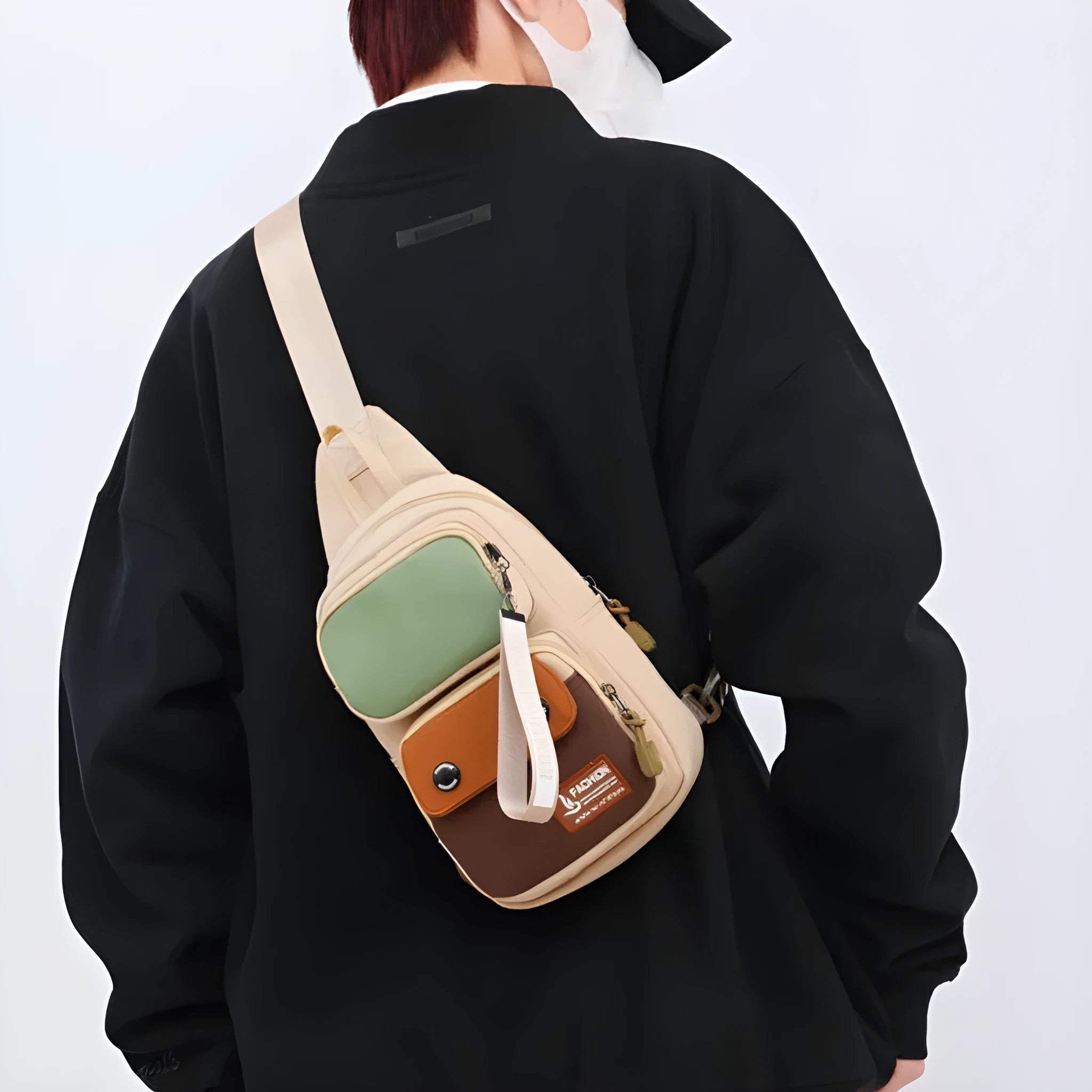 Nylon crossbody bag in contrasting colours with shoulder strap for outdoor leisure