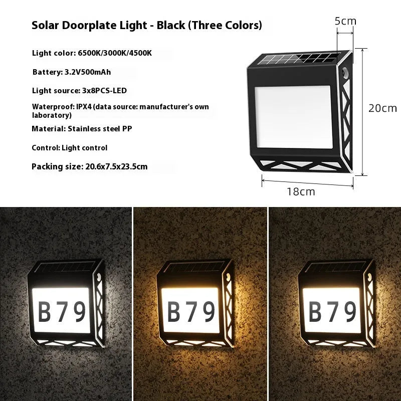 Solar powered doorplate light with LED indicator in black or silver finish, measuring 180x50x200mm