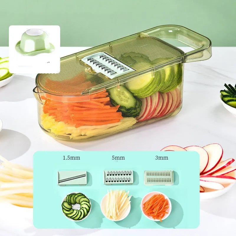 Transparent green vegetable cutter with stainless steel blades and optional drain basket