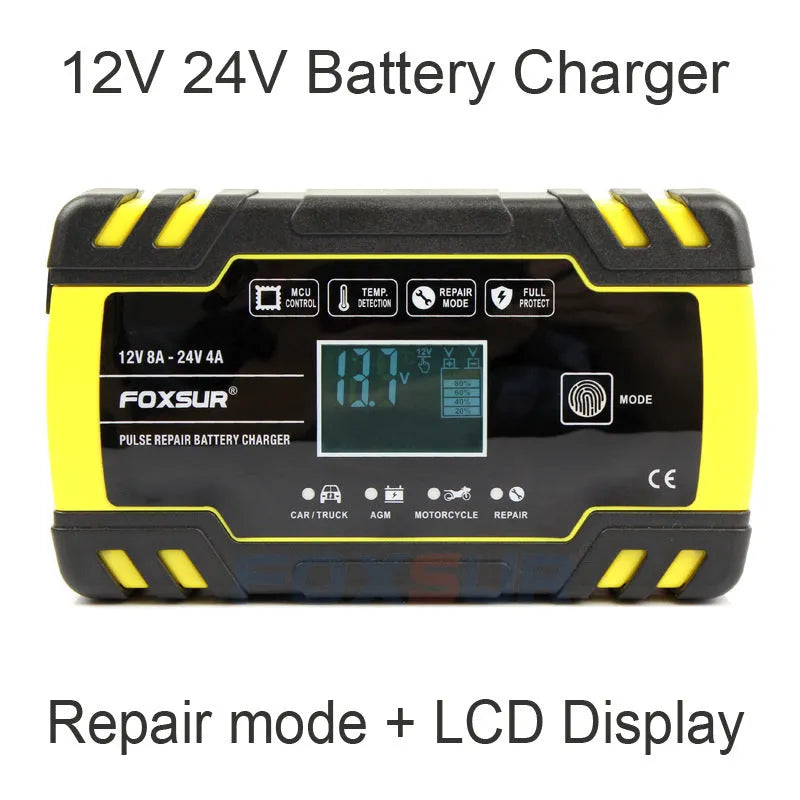 Motorcycle and car battery charger with screen display for 12V 24V lead-acid batteries