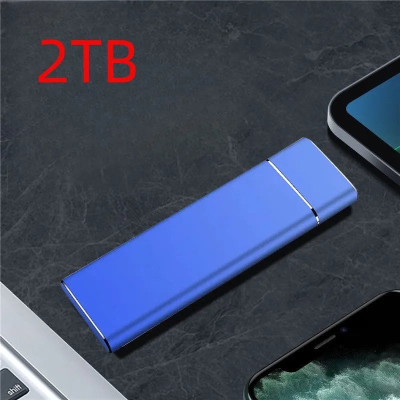 Sapphire blue portable solid state external hard disk with metal shell showing compact design