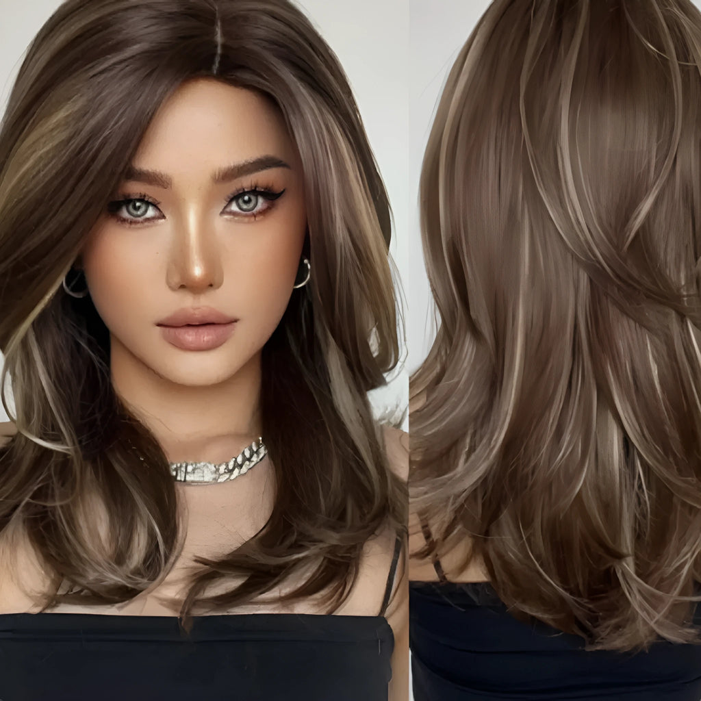 Mid-length gradient colour curly wig with long fringe in high-temperature fibre material