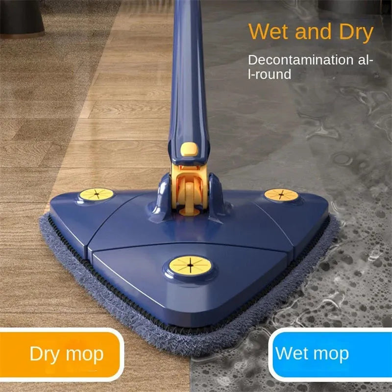 Extendable triangle cleaning mop with rotating head and stainless steel pole in blue colour