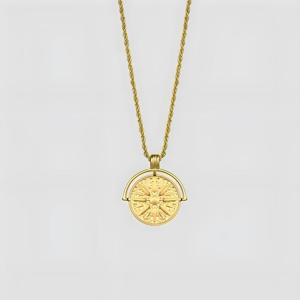 Gold stainless steel sunflower pendant necklace with geometric embossed design on hemp chain