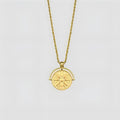 Gold stainless steel sunflower pendant necklace with geometric embossed design on hemp chain