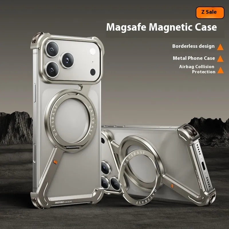Black metal phone case for iPhone 17 Pro Max showing the built-in magnetic bracket and electroplated finish.