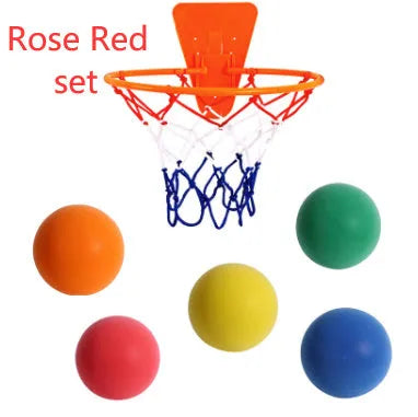 Silent high-density foam basketball in assorted bright colours showing bounce height and size comparison
