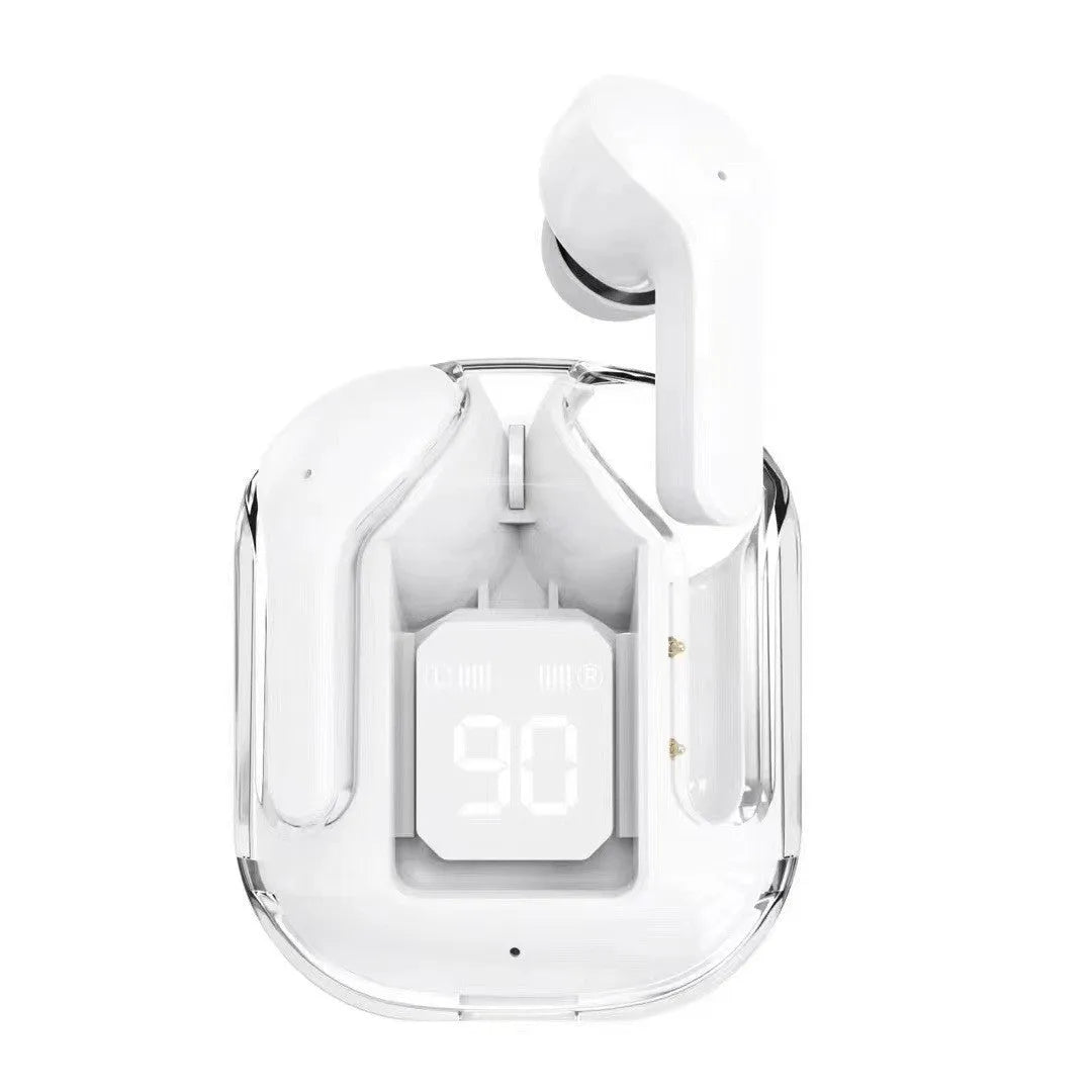 Jerry chip true wireless Bluetooth headphones in a transparent space capsule case, colour options shown