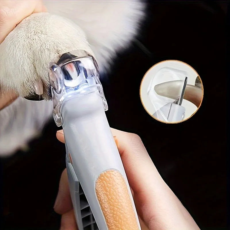 Yellow LED pet nail trimmer with magnifying glass and LED lights for trimming cat and dog nails
