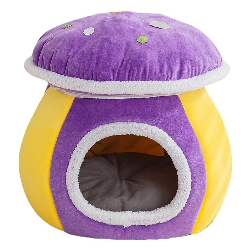 Grey mushroom-shaped plush cat bed showing enclosed cave design for cats.