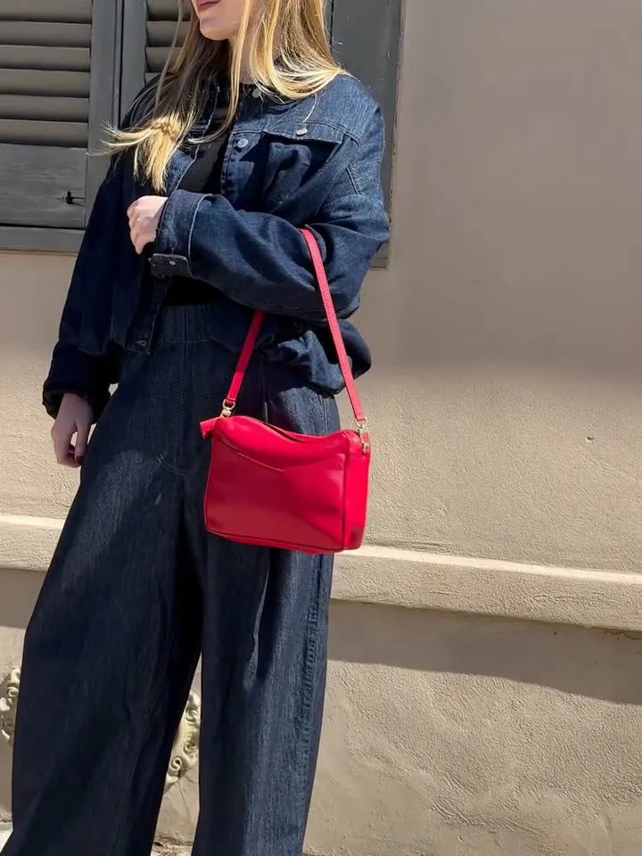 Dark denim oversized jacket and wide-leg pant set in blue, regular fit, front view