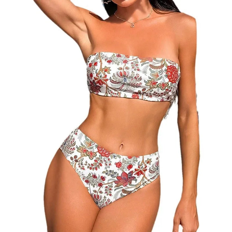 Women's printed bandeau swimsuit top with matching shorts swimwear set