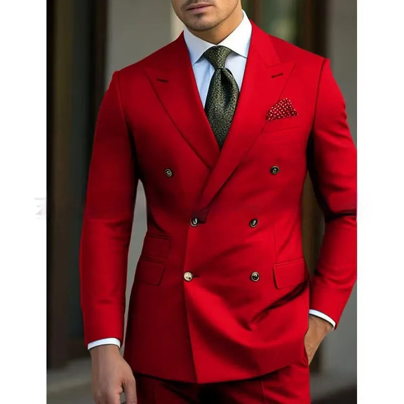 Men's light business two-piece suit jacket and trousers in a cotton blend fabric.
