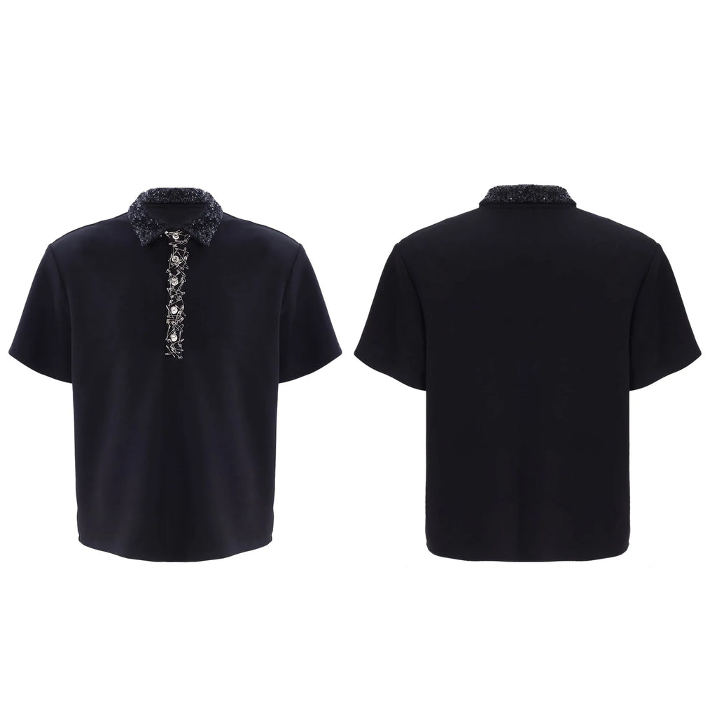 Men's black polo shirt with heavy embroidery and sequins on square collar, loose fit short sleeves