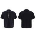 Men's black polo shirt with heavy embroidery and sequins on square collar, loose fit short sleeves