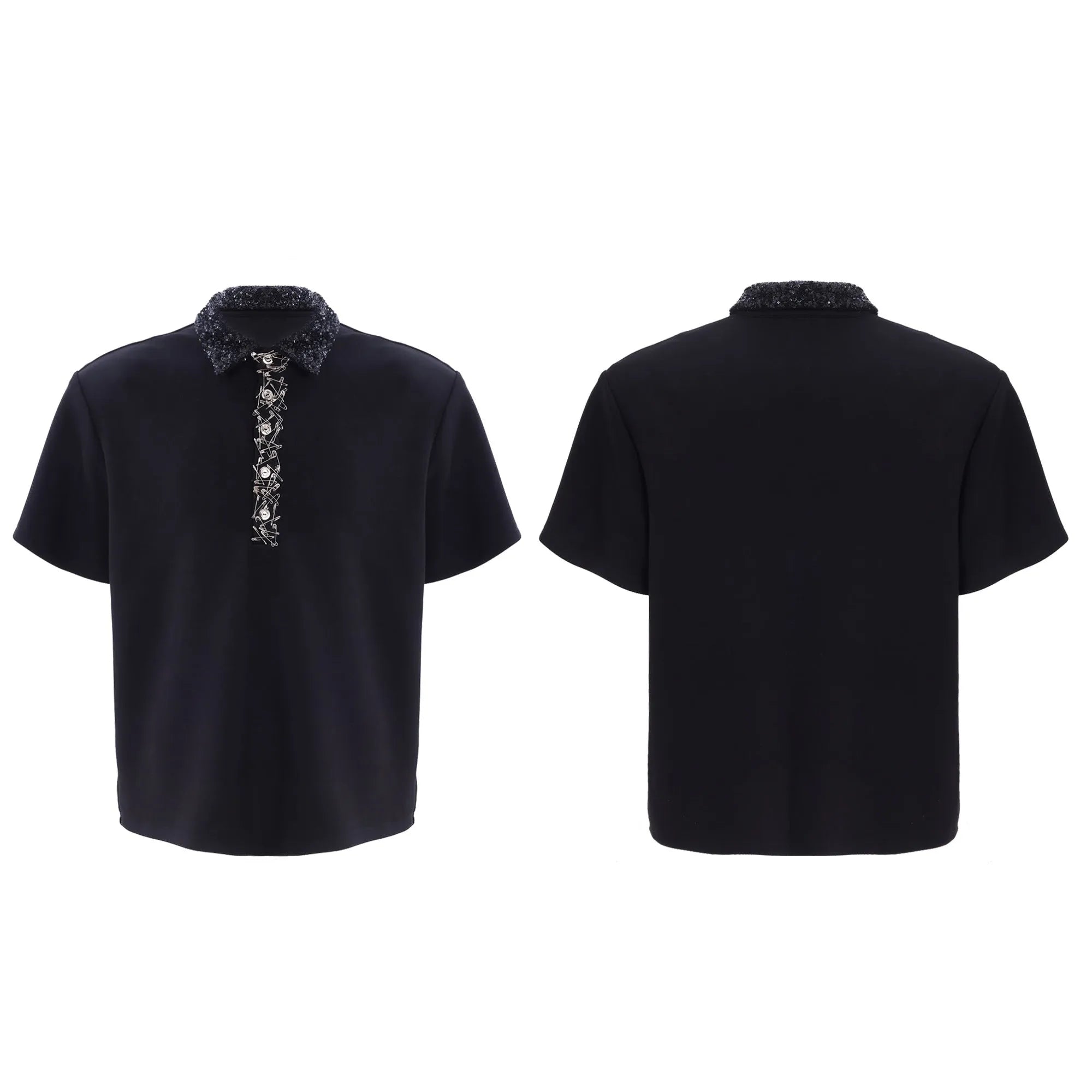 Men's black polo shirt with heavy embroidery and sequins on square collar, loose fit short sleeves
