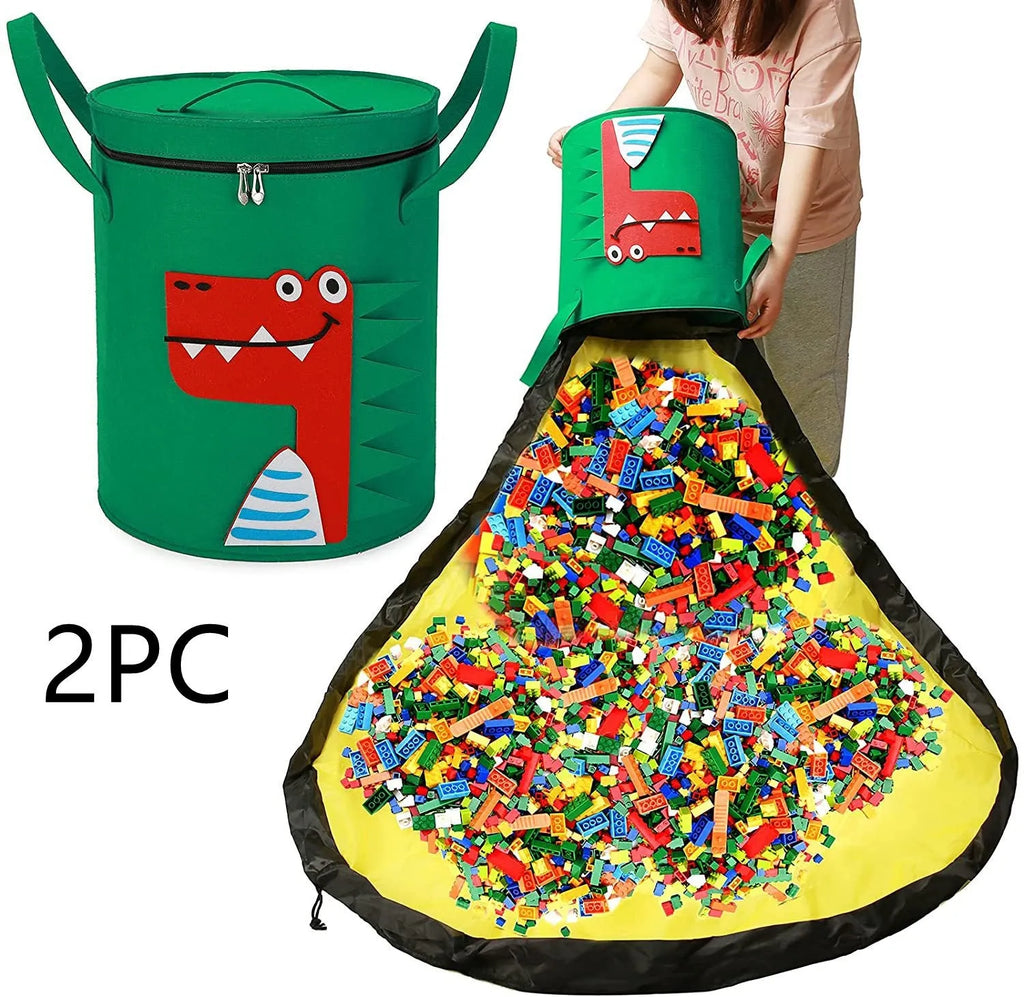 Green felt storage bag converted into a toy play mat with pull rope closure