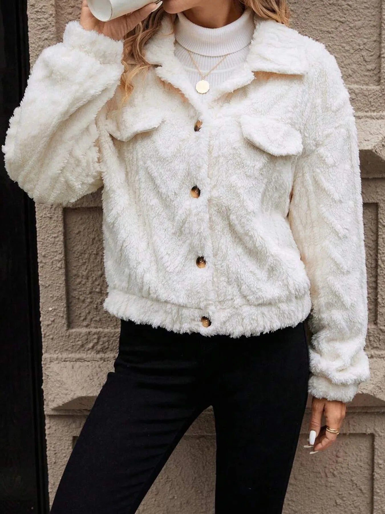 Women's ivory white double-sided plush button cardigan top coat with regular long sleeves