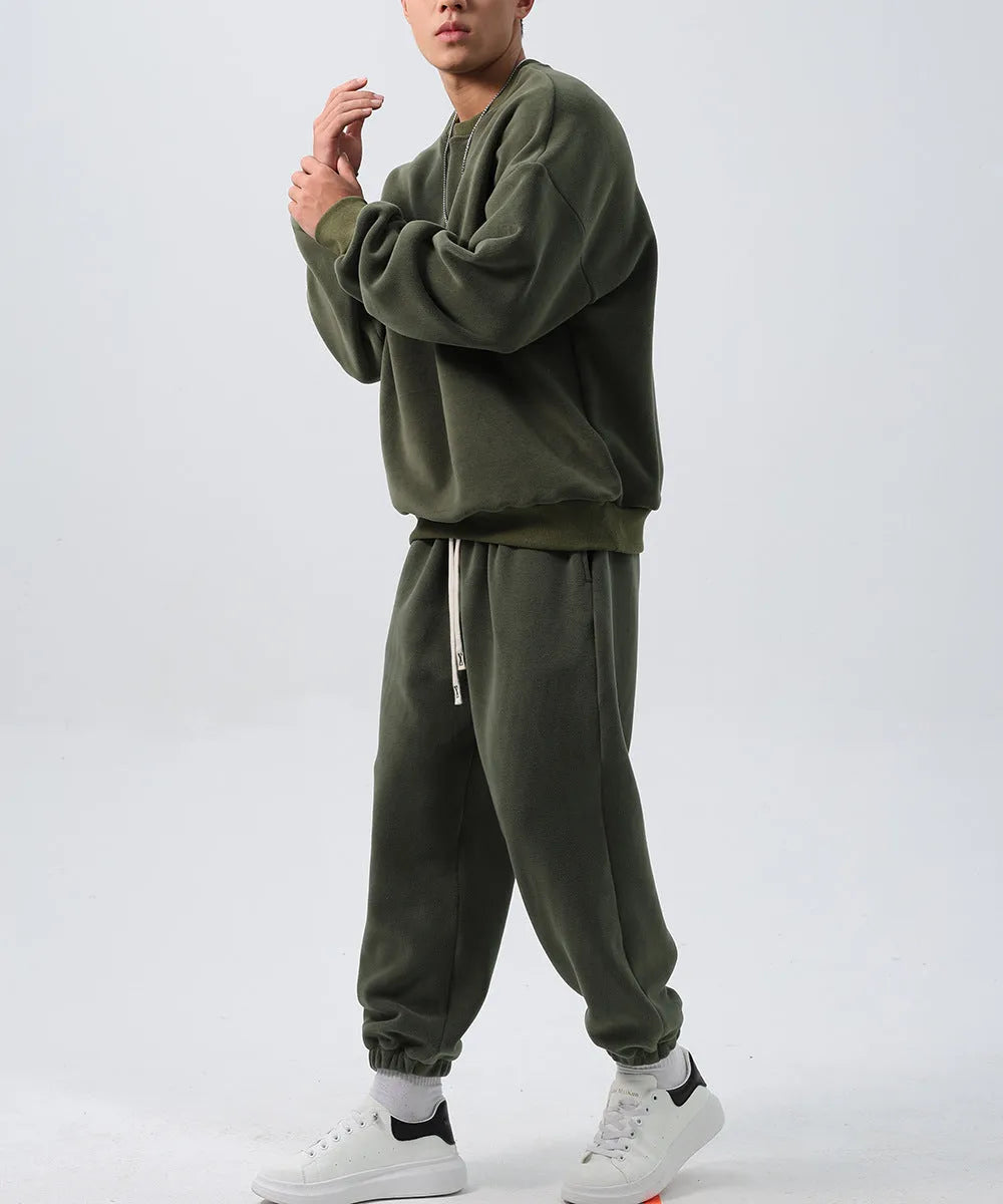 Men's polar fleece sports suit set with crew neck coat and padded trousers in double-sided shake design