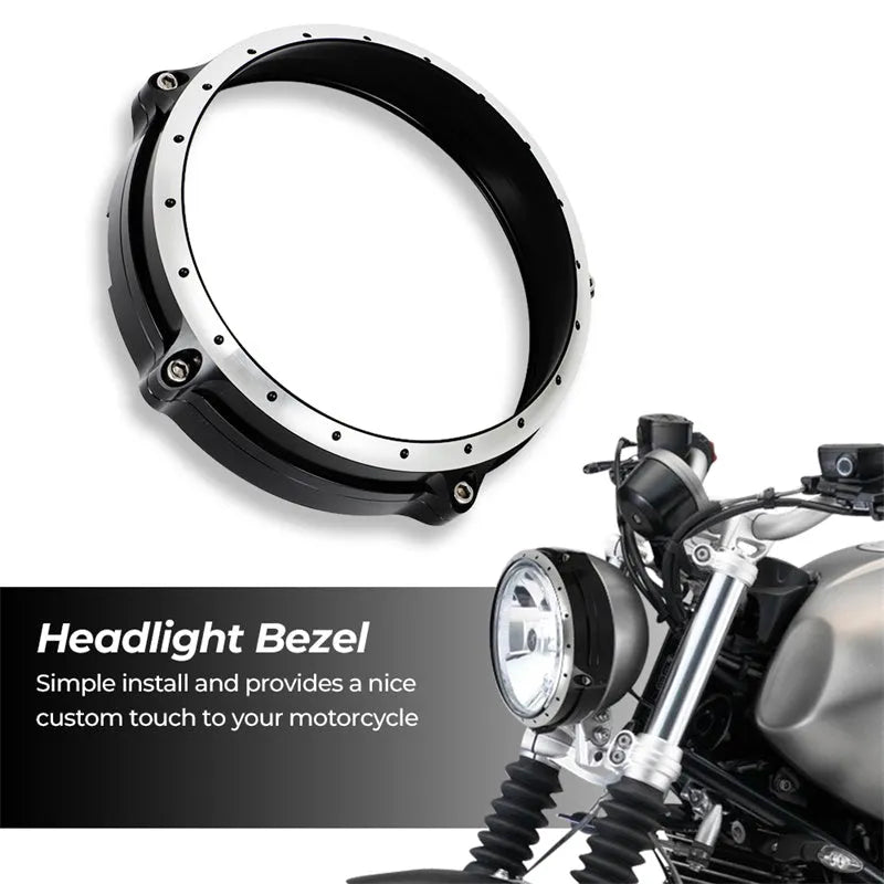Black CNC aluminium headlight cover for BMW R nineT Scrambler motorcycle.