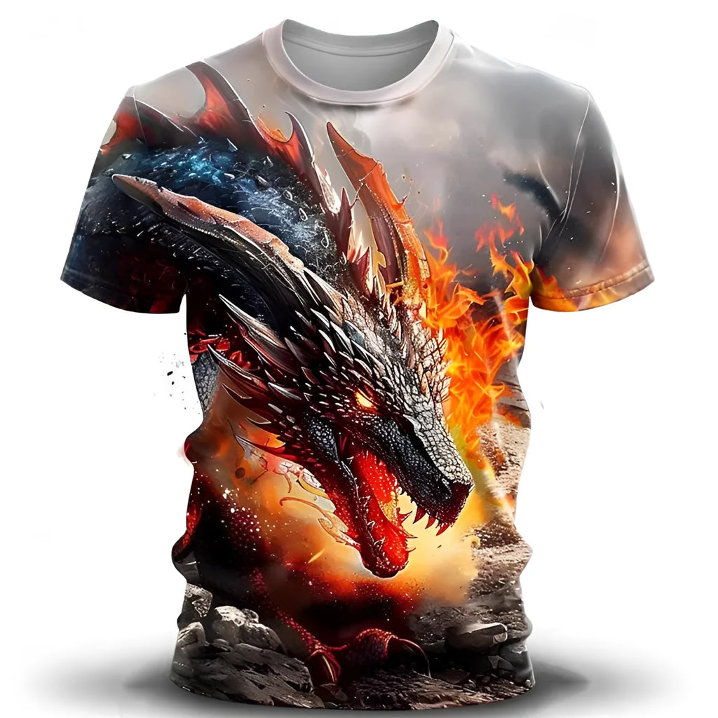 Men's grey T-shirt with a large, detailed 3D blue and white wind dragon print across the chest.