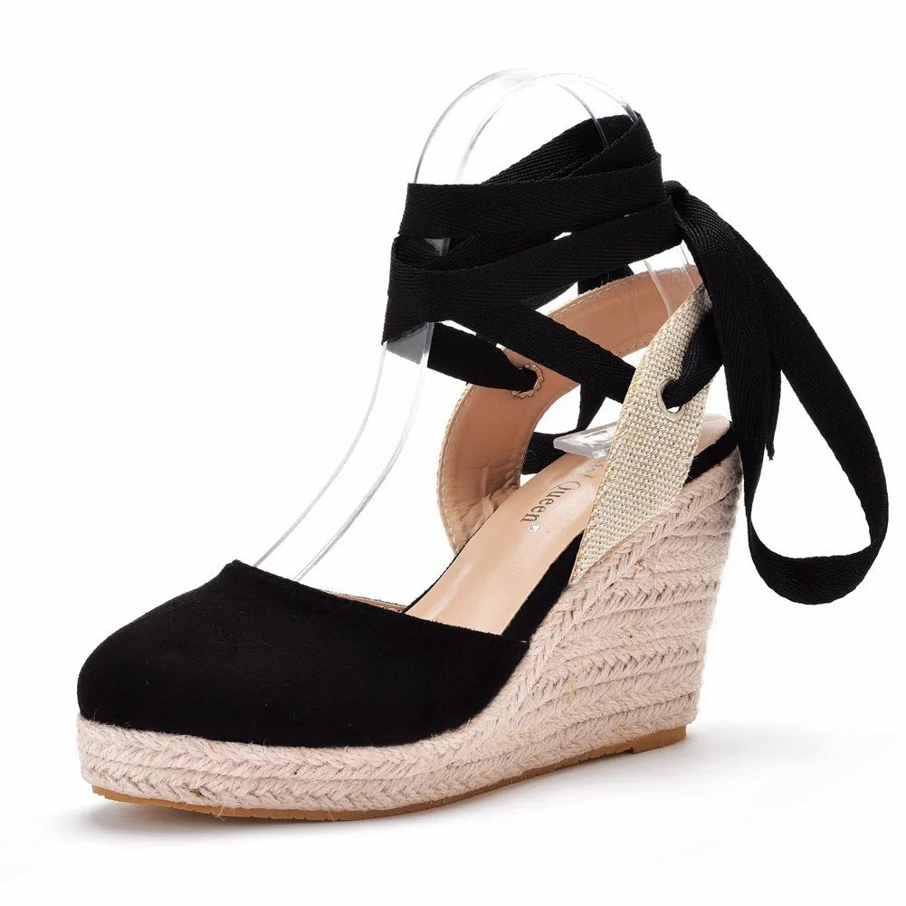 Women's apricot boho wedge sandals with bead and tassel decoration and an adjustable buckle strap.