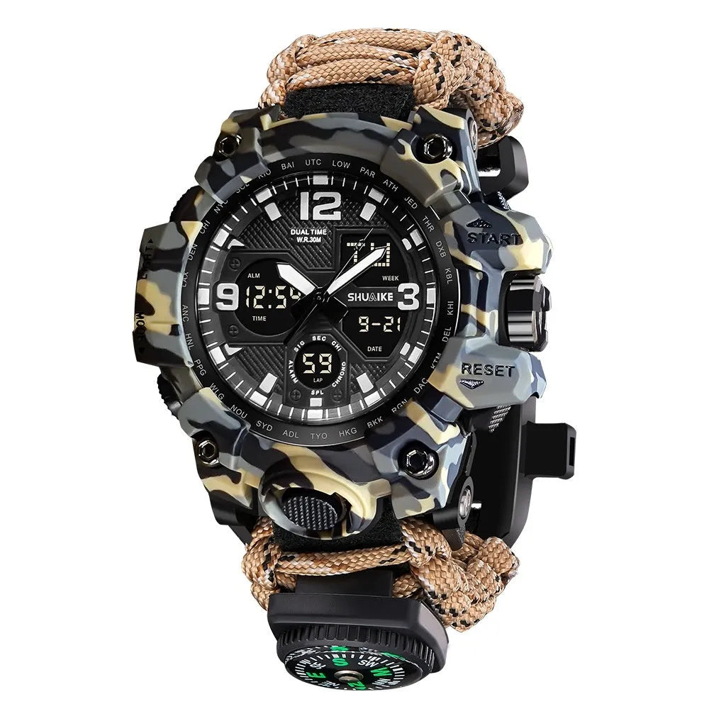 Double display electronic watch with compass thermometer whistle ignition for men 1.3-inch screen black