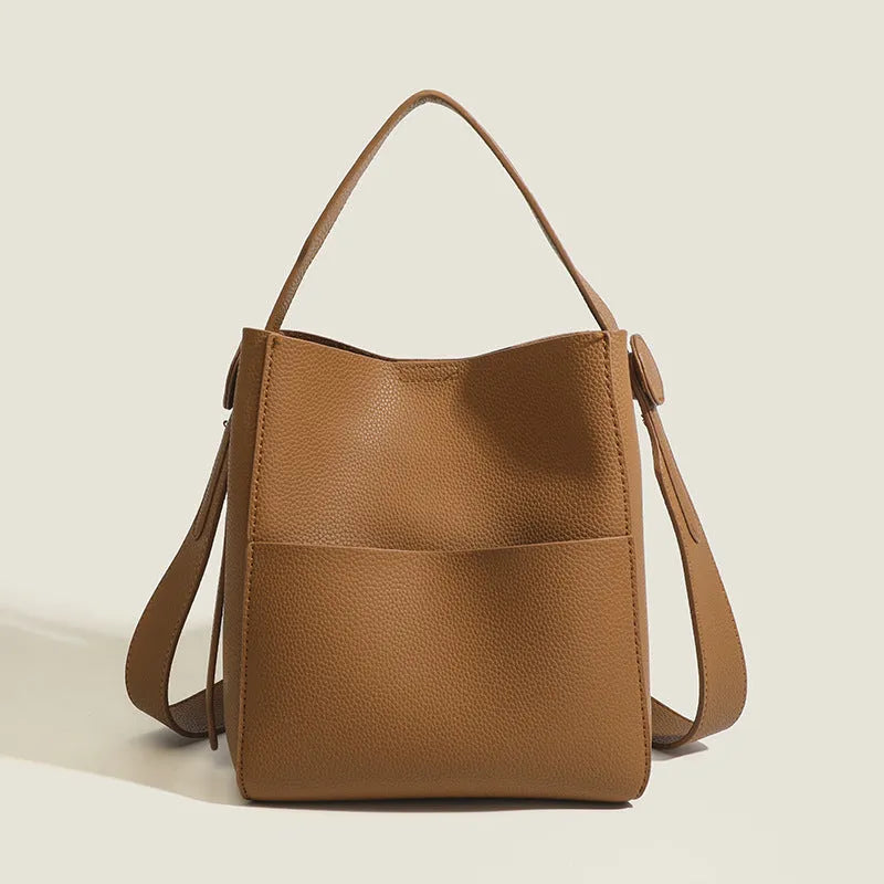 PU Leather Bucket Messenger Bag for Daily Matching European and American Retro Style with Sewing Line Detail Available in Black Brown Elephant Gray Soft Single Shoulder Strap Sandwich Pocket Outer Bag