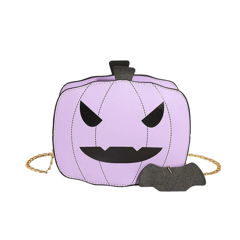 Cartoon pumpkin shoulder bag in orange with chain strap on white background