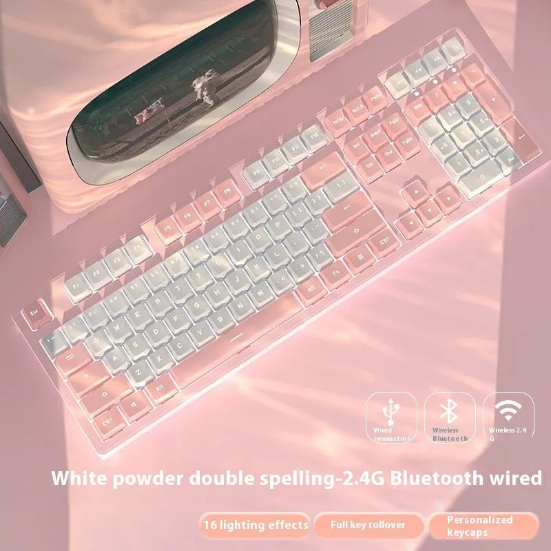 Wireless mechanical keyboard with three connection modes, shown in a choice of 87-key or 108-key layouts and various colour themes.
