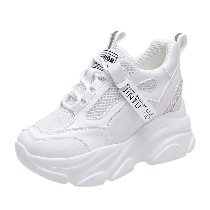 Men's black mesh platform casual shoes with TPR soles and hollow-out design details