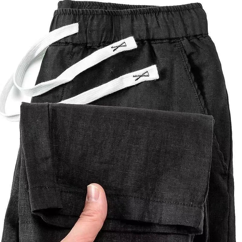Pure linen blend Chinese style straight leg trousers with elastic drawstring waist in neutral colours