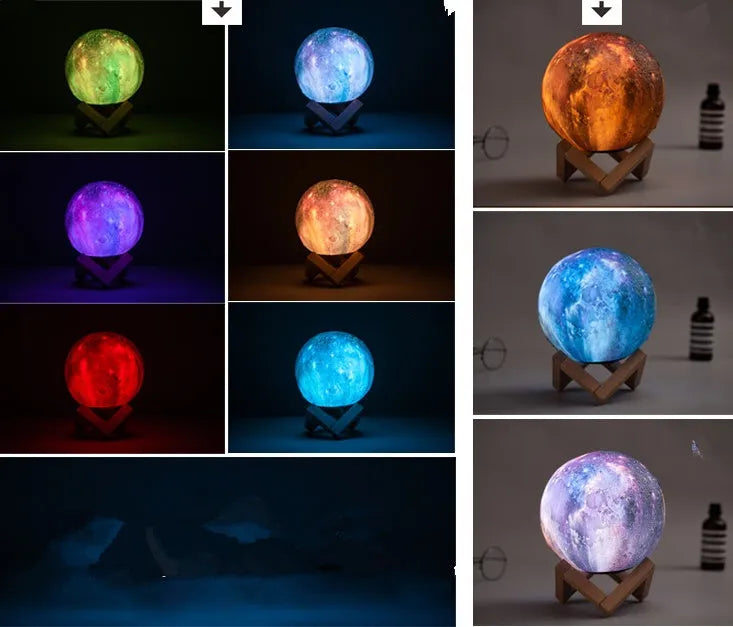 3D printed white lunar lamp sphere glowing on a surface, showing crater texture with a remote control nearby.