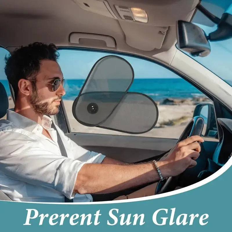 Black breathable car window shade with suction cups attached to vehicle side window