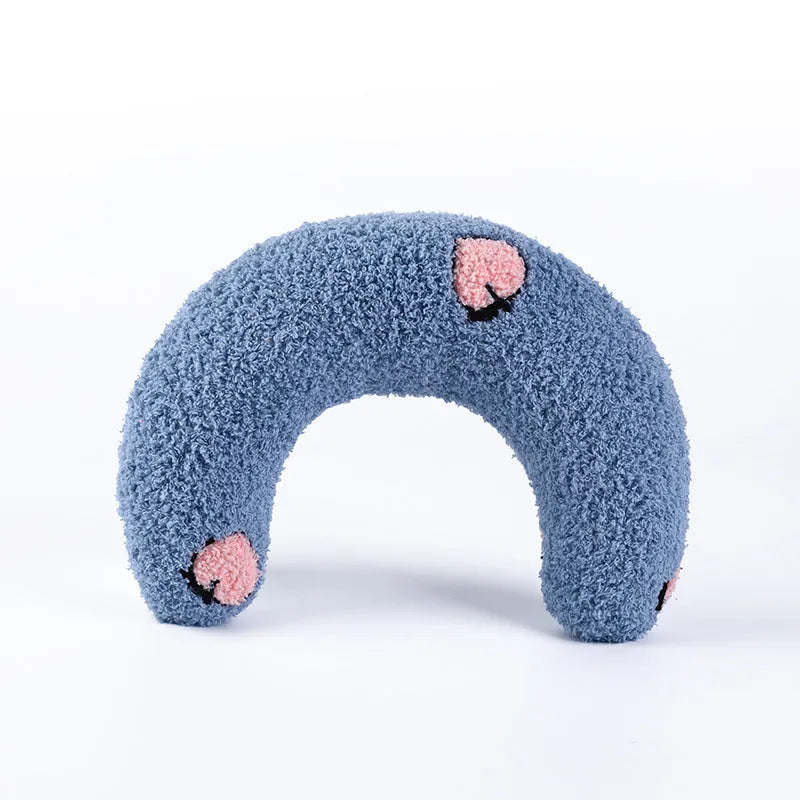 U-shaped cat pillow in blue with soft polyester fabric, size 24x20x7cm