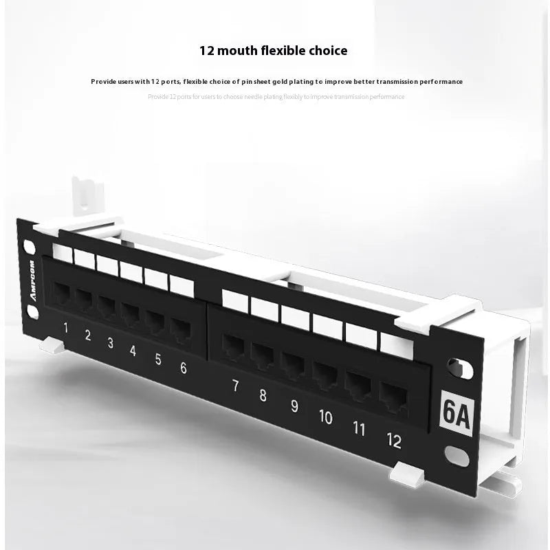 Black 12-port network distribution frame with wall mount bracket