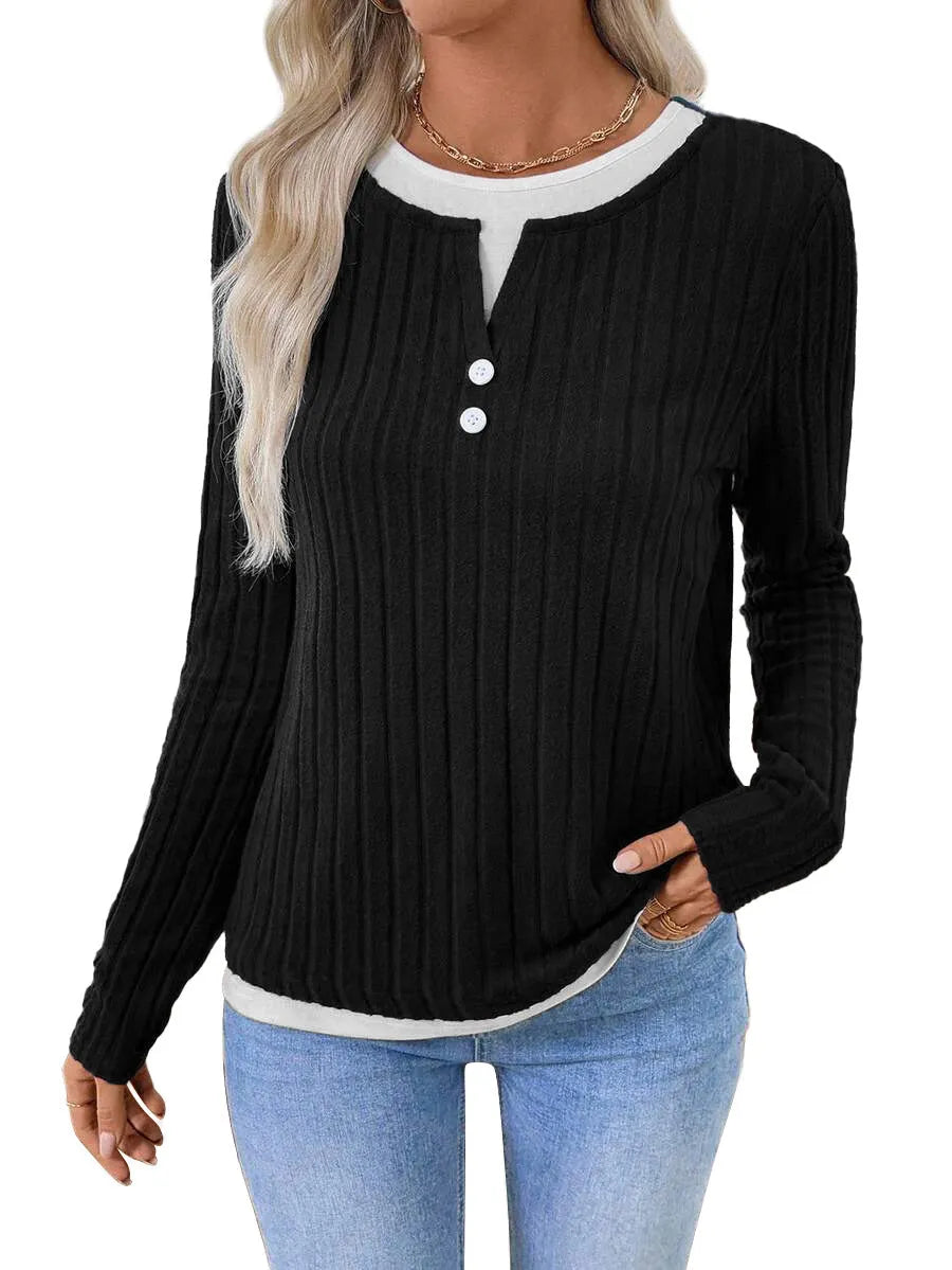 Women's black fake two-piece round neck pullover sweater with long sleeves.
