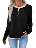 Women's black fake two-piece round neck pullover sweater with long sleeves.