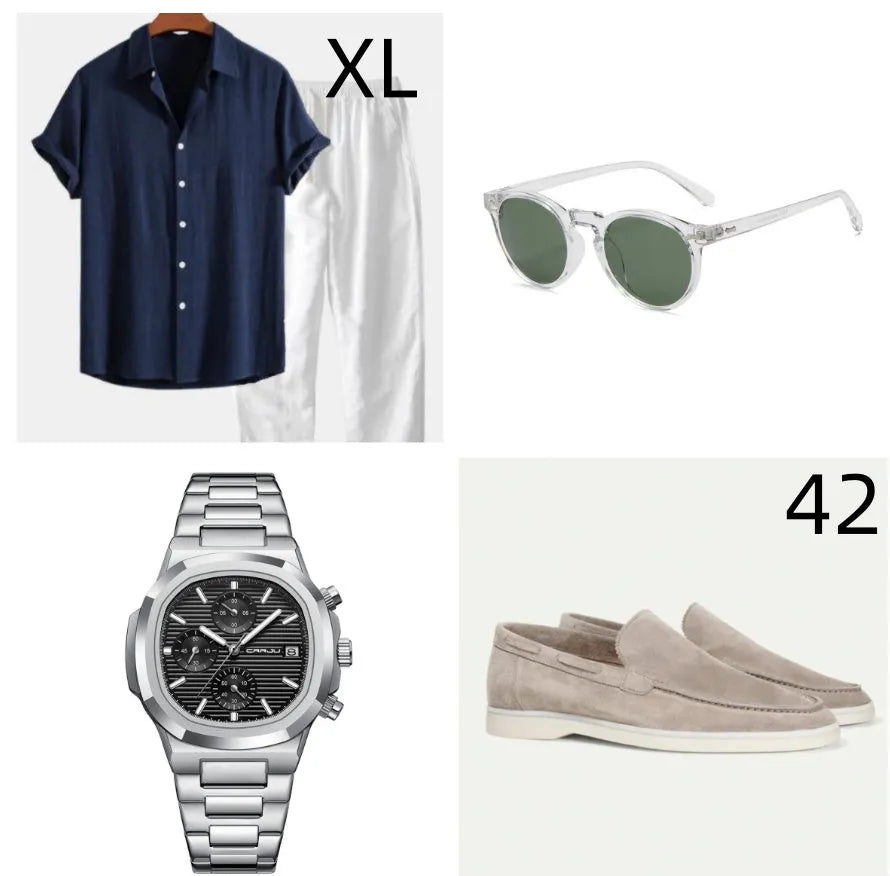 Men's casual cotton linen beachwear suit set with short sleeve shirt, shorts, glasses, shoes and watch